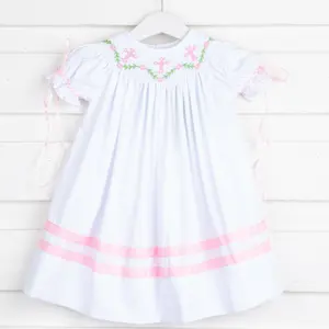 Cross and Vine Smocked White Dress for Girls - Perfect for Baptisms or Easter
