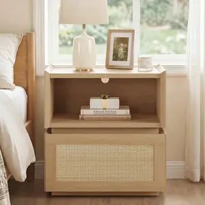Sikaic Stackable Storage Drawers, Modular Rattan Nightstand with Open Compartment, Combinable Wooden Side Table, Multi-Purpose Storage Cabinet for Bedroom, Natural Oak