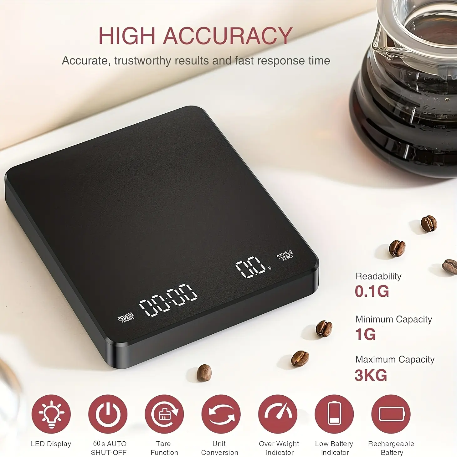 Electronic Kitchen Scale with Timer & Automatic Peeling Function, Large Capacity Digital Coffee Weighing, Modern Design, Powered by 2 Aaa Batteries, Food Scales for Kitchen, Food Weight Scale