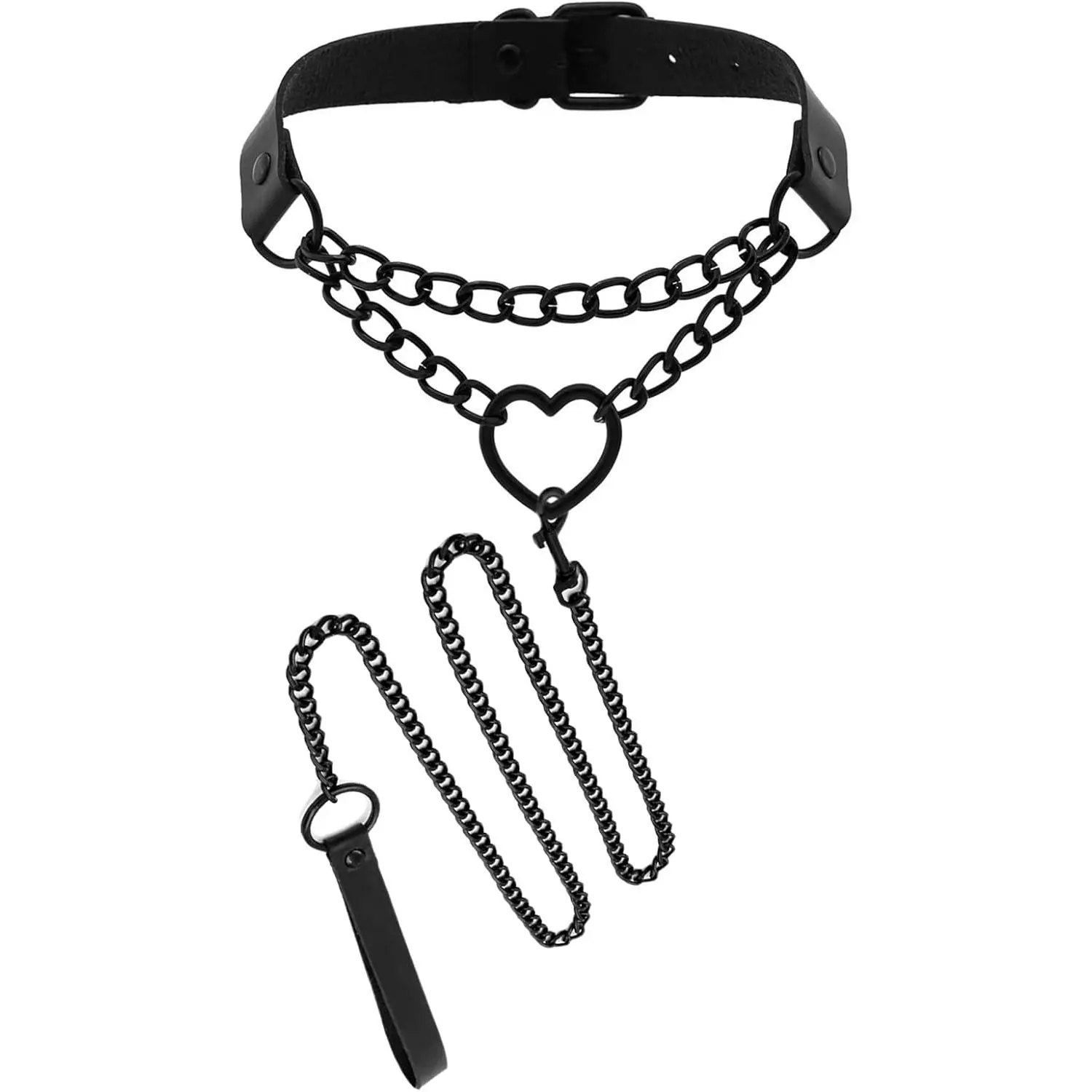 Vintage Love Heart Black Leather Dog Choker Collar and Chain Leash Set, Gothic Emo Costume Accessory Gift for Pets
