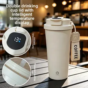 2026 New Beige USB Rechargeable Auto Stirring Coffee Mug Double Drinking Spout Straw Food Grade Temperature Display Portable Sports Water Bottle for Outdoor Travel Car