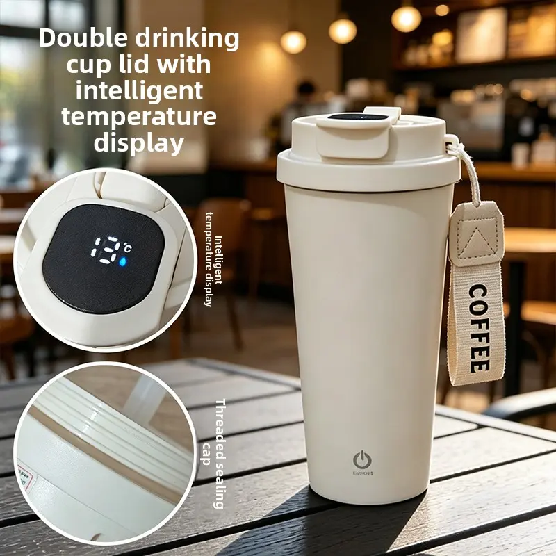 2026 New Beige USB Rechargeable Auto Stirring Coffee Mug Double Drinking Spout Straw Food Grade Temperature Display Portable Sports Water Bottle for Outdoor Travel Car shaker cup gym