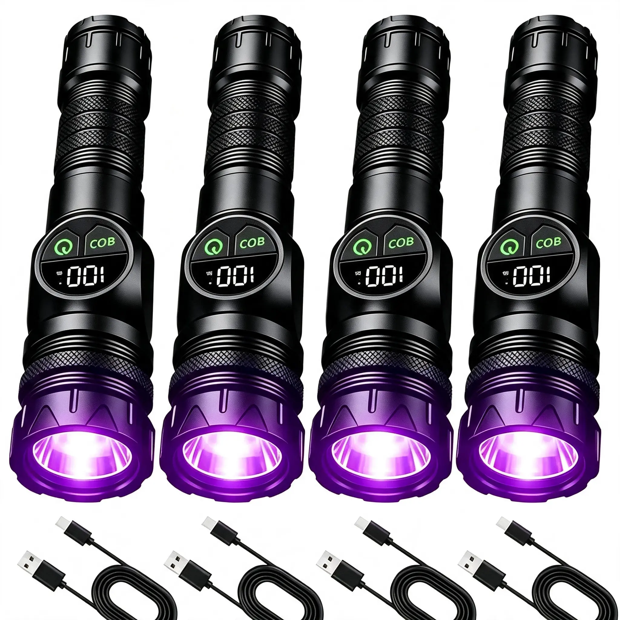 4-Pack Portable UV Flashlight, Camping & Household Emergency Pocket Torch with 5 Light Modes, Telescopic Zoom, COB Side Light, Smart Power Digital Display, Anti-Slip Textured Grip, Bottom Magnetic Base, Pet Urine Detection