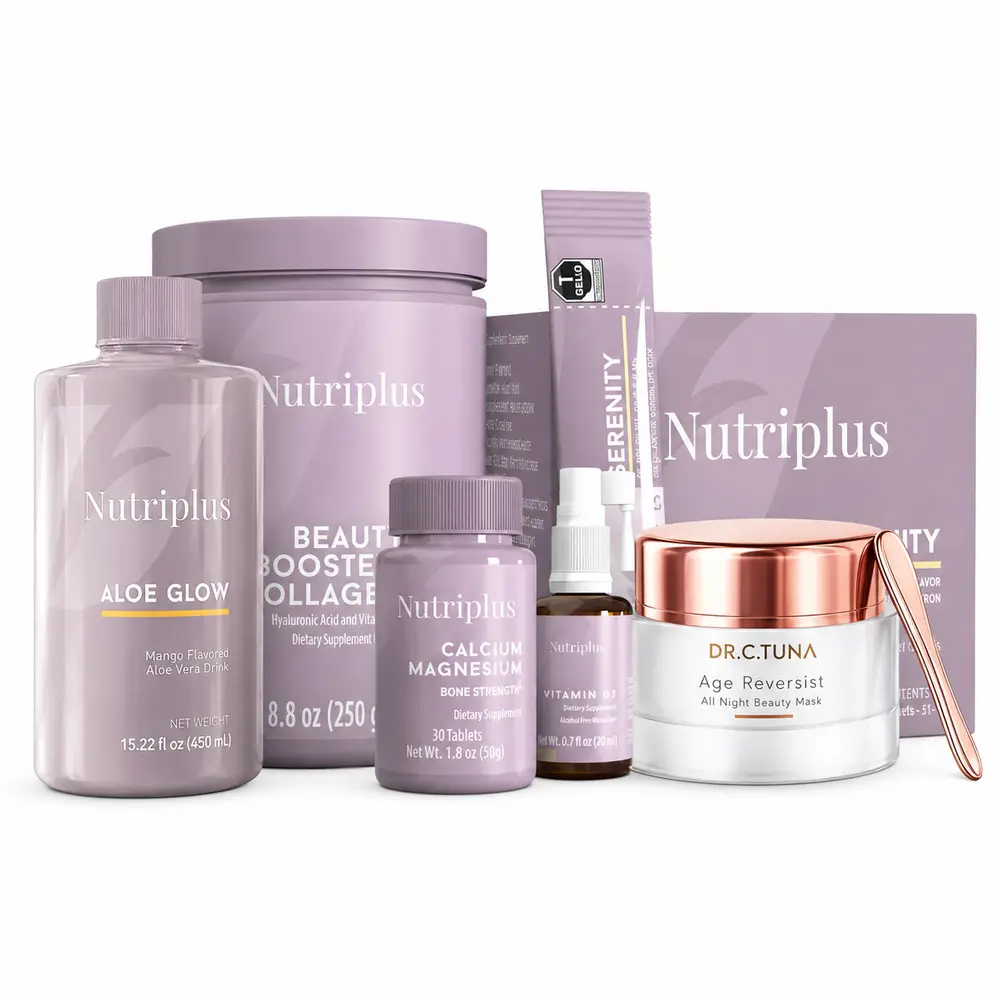 Unisex Daily Prepackaged Skin Care Pack - Naturally Derived for All Skin Types, Nutriplus Aloe Glow (15.22 fl oz), Beauty Boost Collagen (8.8 oz), Calcium Magnesium (30 Tablets), Dr C Tuna Age Reversist Self-Treat Mask