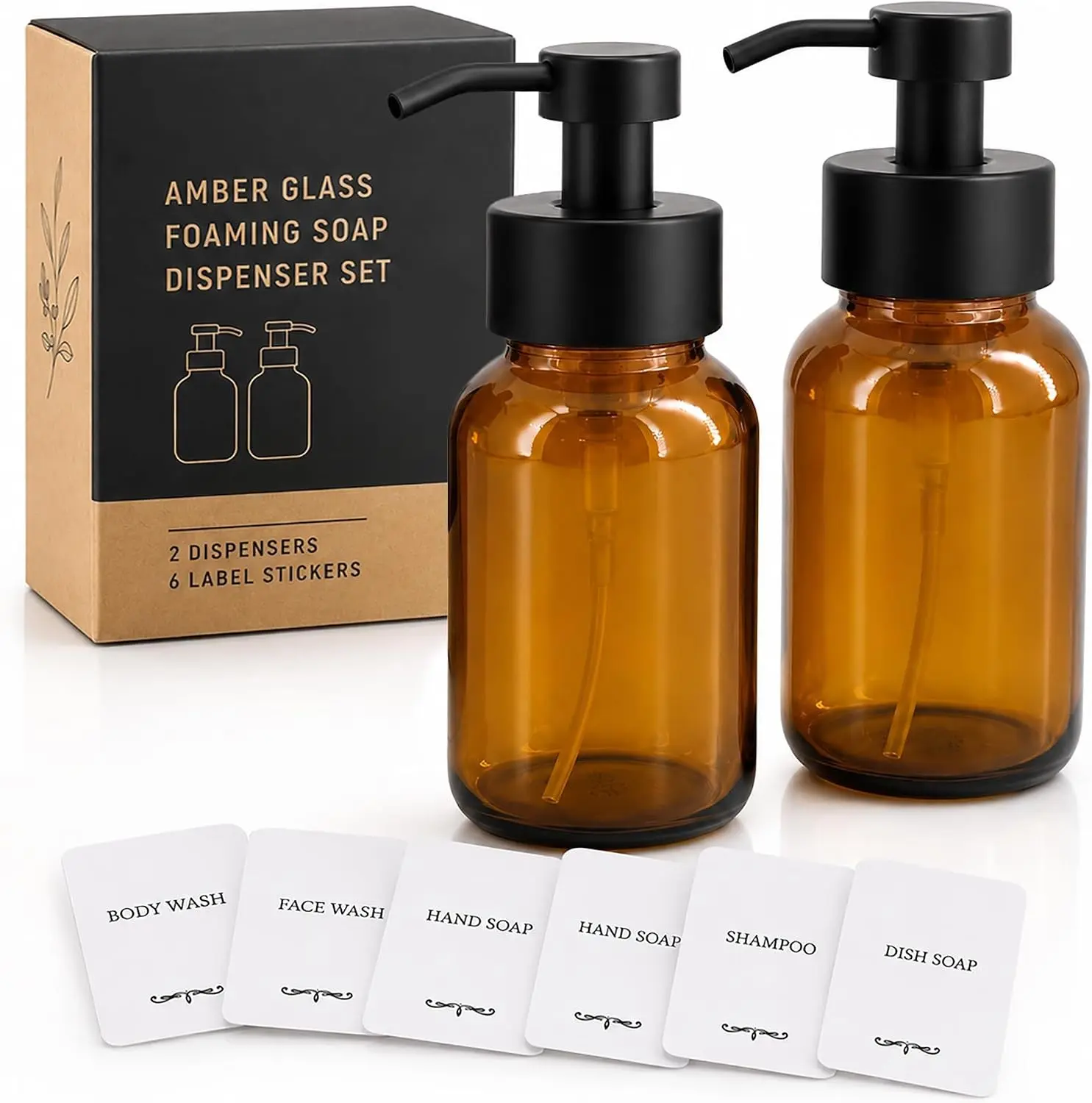 2 Pcs Amber Glass Foaming Soap Dispenser with Pump, 8.5 oz Bottles | Refillable Soap Dispensers for Hand Wash, Dish Liquid, Shampoo, Gel - Rich Foam with Every Press, for Bathrooms and Kitchens