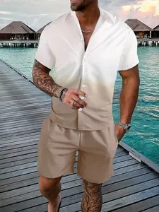 Men's White-Khaki Gradient 2-Piece Casual Set - Short Sleeve Camp Collar Shirt & Matching Drawstring Shorts, Lightweight Breathable Fabric, Relaxed Fit for Hiking, Beach Trips & Tropical Summer Outdoor Activities