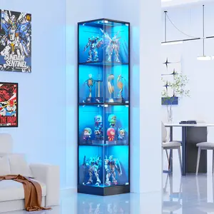 BROTTAR Corner Display Cabinet with Glass Doors, Curio Cabinet with 3 Color LED Lights for Collectibles, 4-Tier Display Case with Human Body Sensor for Toys, Books, Black