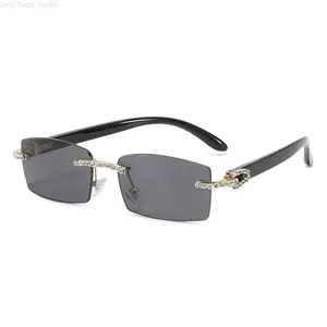 Women's Rimless Rhinestone Square Sunglasses - Gold Frame, UV Protection, Luxury Fashion Sports Eyewear, Women's Sunglasses