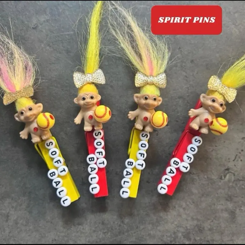 Softball Troll Sports Clips - Handmade Wooden Clothes Pins with Yellow Hair & Softball Charms for Basketball Soccer Cheer Volleyball