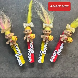 Softball Troll Sports Clips - Handmade Wooden Clothes Pins with Yellow Hair & Softball Charms for Basketball Soccer Cheer Volleyball