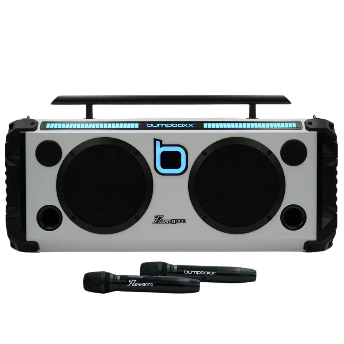 Bumpboxx Bluetooth Portable Speaker Boombox Flare8 Pro White | Retro Boombox with Bluetooth Speaker | Rechargeable Lithium Battery | Includes 2 Wireless Microphone, Carrying Strap & Remote Control