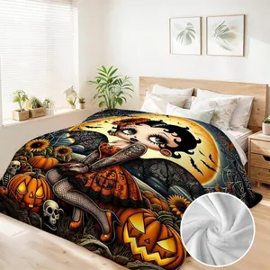 Betty Boop Halloween Blanket 90x108 King, Spooky Cute Cartoon Flannel Throw, Gothic Vintage Witchy Bedding for Women, Aesthetic Room Decor Fall Gift