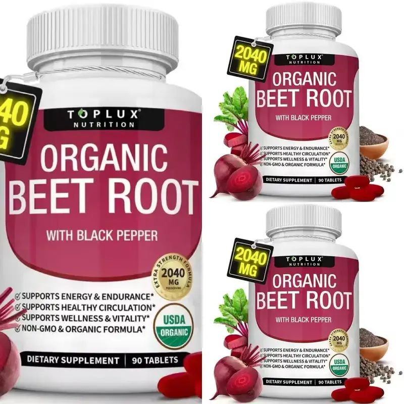 （Flash Sale 3 bottles）Toplux Organic Beet Root Tablets, High Strength 2040mg Nitric Oxide Booster Supplement, Supports Healthy Blood Flow, Heart Health & Workout Endurance, Natural Beetroot Extract Pills Dietary Vitamin Fitness Edible