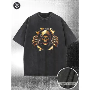 230G Water-Washed T-Shirt, Trendy Skull Print, High-Quality Wax-Dyed, Machine Washable, with a Certain Thickness Suitable for Summer T-Shirts, Outdoor Activities, And Holiday Gifts