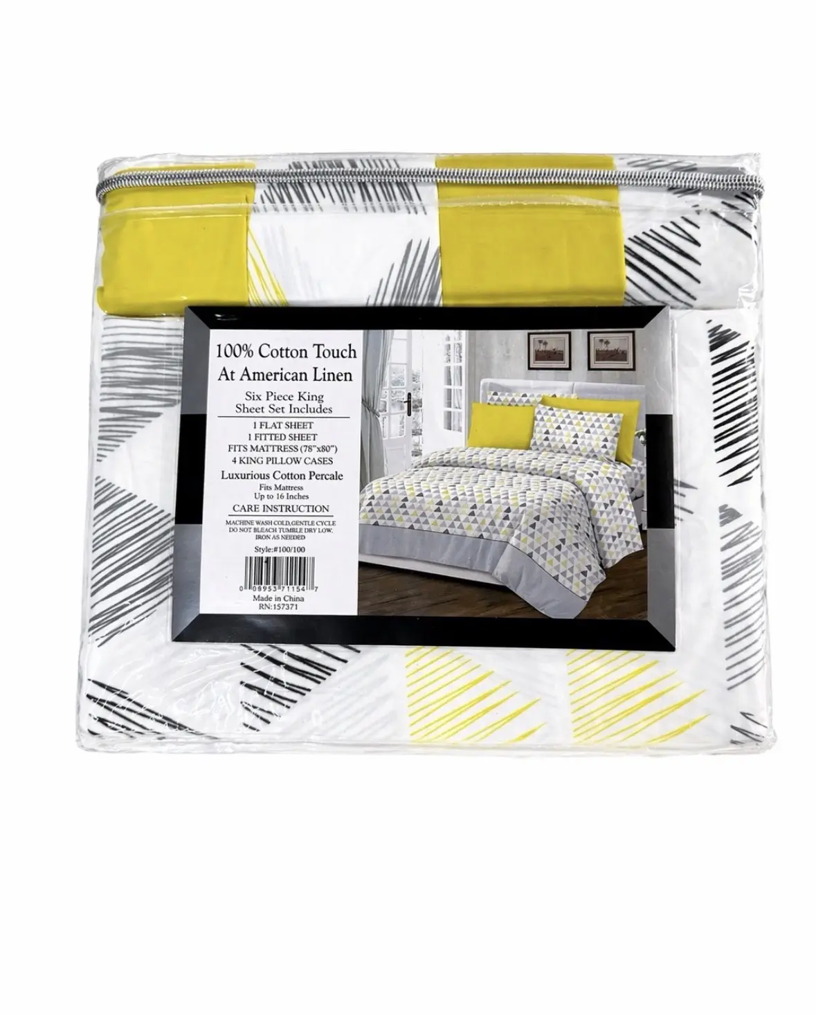 King Size 6 Piece Sheet Set – Soft Cotton Touch – Deep Pocket 16" – Yellow & Gray Geometric Print