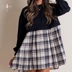 Women Autumn Short T-shirt Dress Long Sleeve Round Neck Plaid Print Patchwork Dress Casual Womenswear