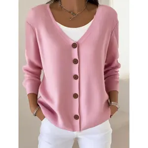 Women’s autumn and winter V-neck buttoned knit cardigan, featuring a soft button design, long sleeves, and a slim fit. Casual and simple style, suitable for everyday wear.