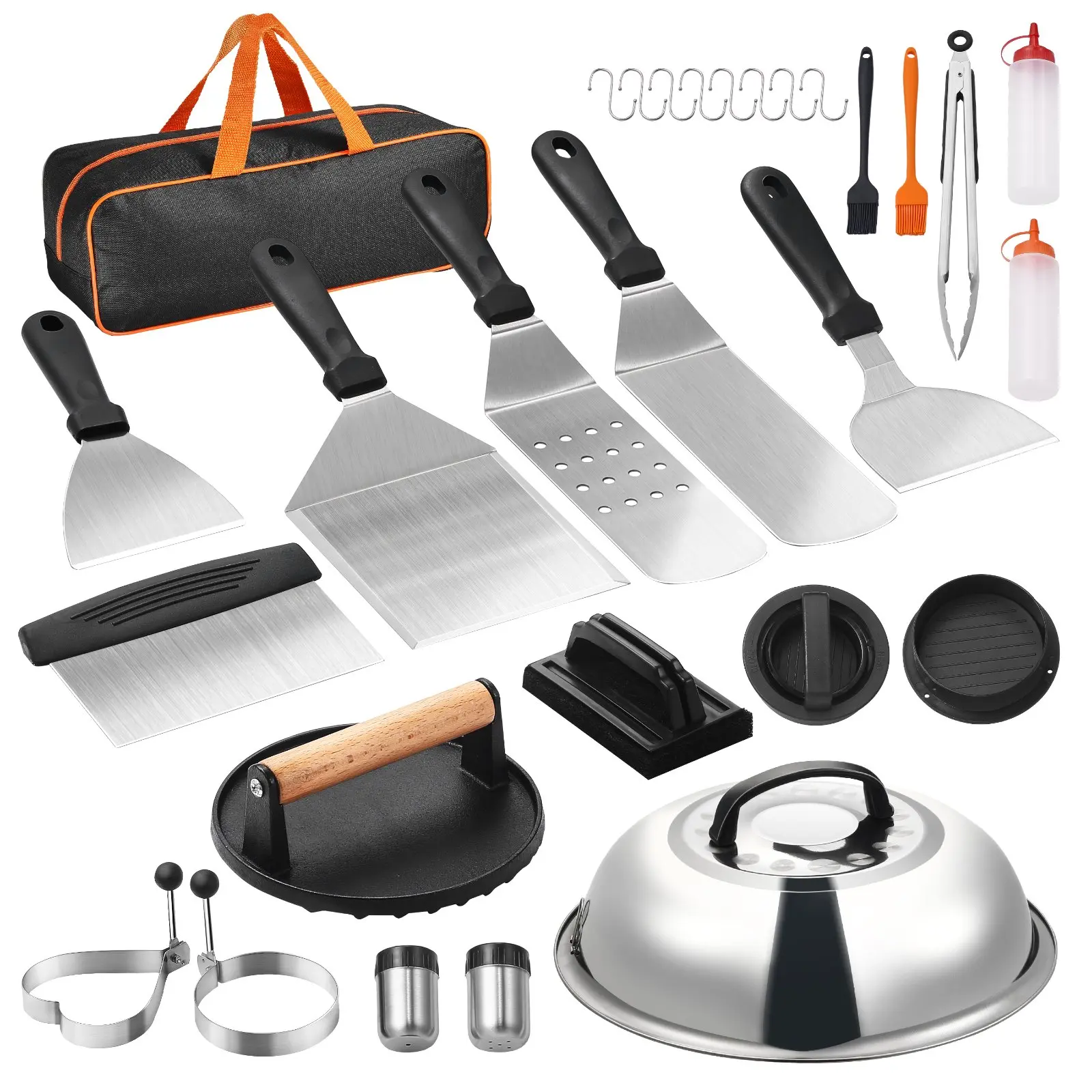 【Summerfinds】VEVOR 28-Pcs Thick Handles Stainless Steel Outdoor BBQ Grill Utensils Set (6.61 lbs, 15.55x13.19x5.31 in) with Silicone Details, Enlarged Spatula, Basting Easy Cover, Tong, Meat Solid Cast Press, Carry Bag for Outdoor Teppanyaki, Kitchen Use