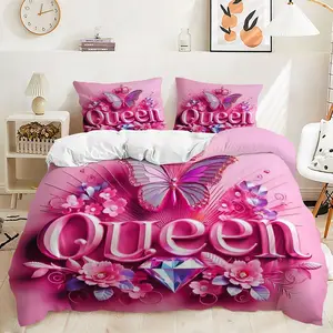 Queen Butterfly Duvet Cover Set, Stunning Pink Themed Bedding Set with Iridescent Crown Design, Luxurious Floral Decor, Perfect for Girls' Bedroom Makeover, Soft & Cozy Fabric, Contains 1 duvet cover, 1 or 2 pillowcases (without filling)