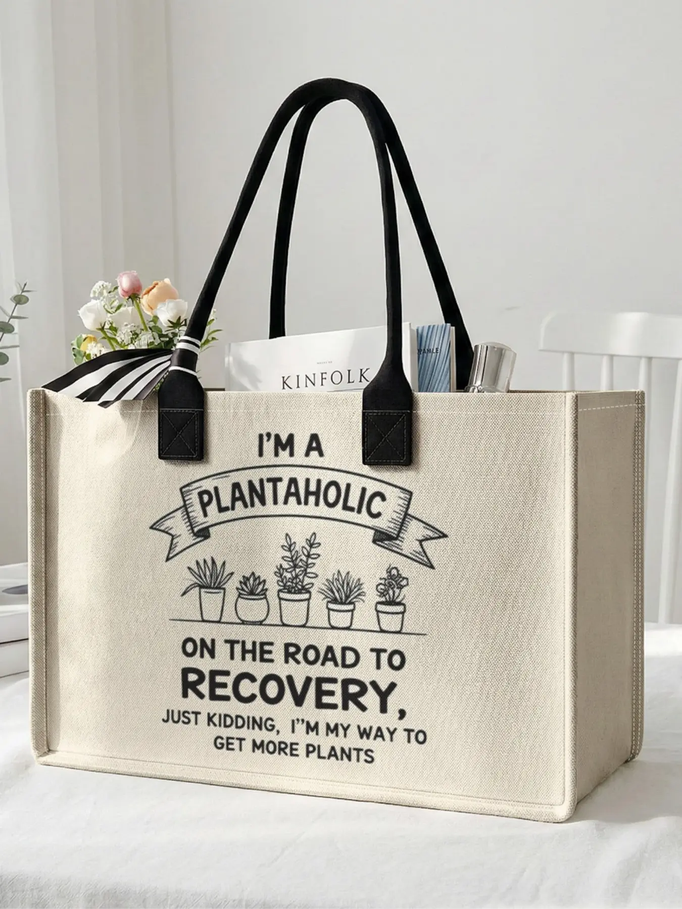 1 piece of potted plant pattern + 'Plant Lover' 2D printed large capacity storage bag, extra large storage bag, sturdy handle, space-saving multi-purpose, Versatile Tote Bag, suitable for use at school, on business trips, and shopping
