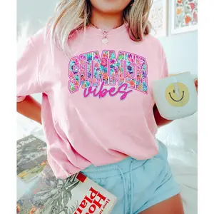 Cute Floral Summer Vibes T-Shirt, Colorful Summer Shirt, Popular Summer  Tee,  Beach Tee, Summer Vacation Tee, Cute  Summer graphic  side casual shortsleeve  t-shirt short sleeve top vacation white gym cotton fits for women unisex classic comfort