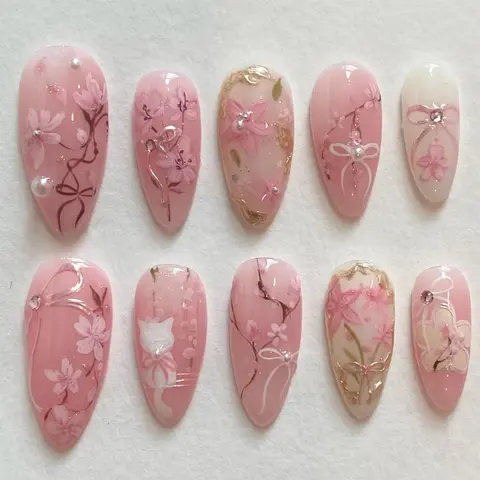 24pcs Pink Flower Cute Cat Almond Acrylic Press-On Nail Sets for Adults - Quick-Apply Adhesive Accessory with Rhinestone Pearl Designs, Bow, Summer Floral Decor, Glam Finish for Easy Nail Art