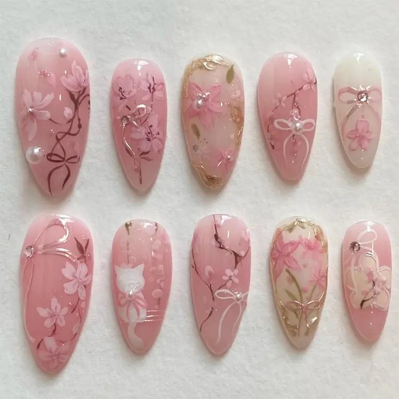 24pcs Pink Flower Cute Cat Almond Acrylic Press-On Nail Sets for Adults - Quick-Apply Adhesive Accessory with Rhinestone Pearl Designs, Bow, Summer Floral Decor, Glam Finish for Easy Nail Art