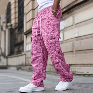 Men's Casual Cargo Trousers - Cinch Waist, Contemporary Abstract Leopard Print, Utility Pockets, Loose Fit for Youth Leisure Sports & Urban Street Styles