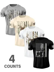 New Summer Men's Retro Streetwear Camouflage Deer Head Usa Flag Print Short Sleeve 4-Pack, Comfortable Breathable Elastic Fabric, Outdoor Casual Wear, Multiple Colors Available, Ideal Gift Set