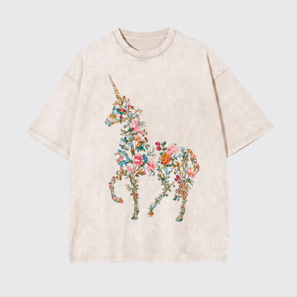 Magical Unicorn Tee, Floral Unicorn, Whimsical Tee,Gift for Unicorn Lovers,Cute Birthday Gift,Boho Chic Tee,Soft Breathable Streetwear Top,Unique Fantasy Style Casual Wear for Daily Outfits,Festivals,Parties & Unicorn Lovers,Vintage Oversized Cotton Shirt