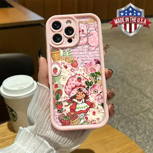 Cute Pink Strawberry Girl Floral Collage Pattern Case for iPhone 17 16 15 14 Pro Max 13 12 11 XR XS Plus Air Slim Shockproof Anti Drop Anti Scratch Durable TPU Cover
