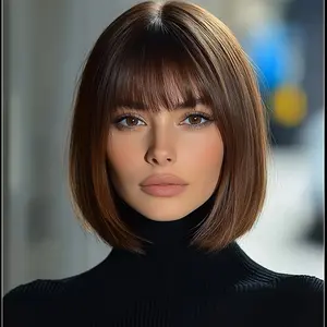 bang bob wigClassic Casual 12-Inch Straight Brown Bob Wig, Synthetic Fiber, Easy Care, Perfect for Daily Wear, Basic Style