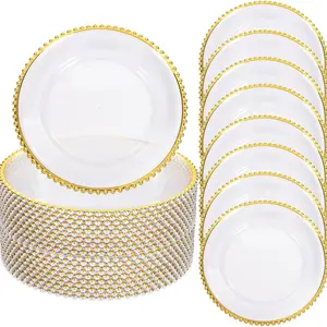 13 Inch Charger Plates, Clear Plastic Dinner Plates with Gold Rim, Disposable Tableware for Family Parties and Weddings