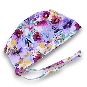 Purple flower Skull tie-back style surgical scrub cap by Paradise Caps.