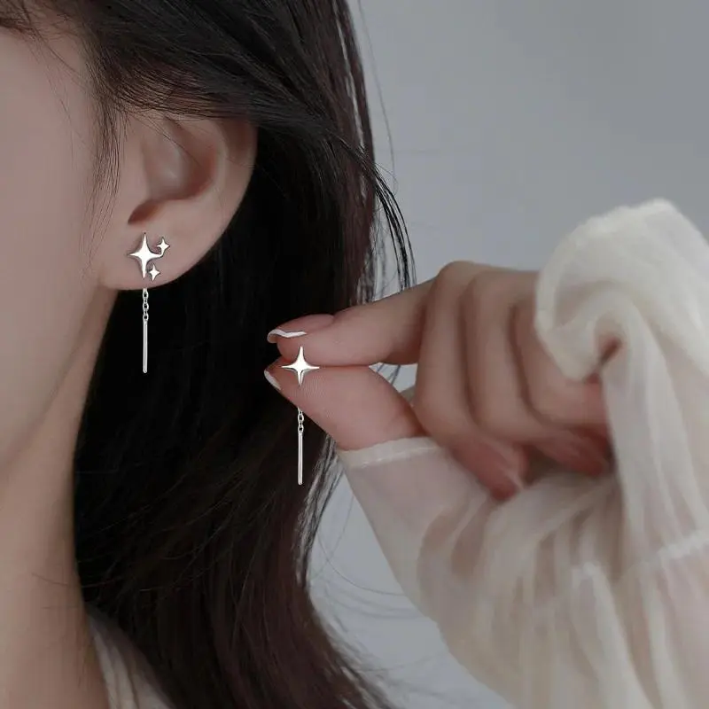 Women's New Korean Star Motif Ear Wire Earrings, Casual Daily Female Wear Drop-Shape Tassel Thread Chain Climb Pendants Straight Hanging Costume Jewelry