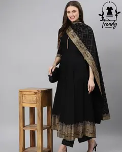 Trendy Fashion 3 Piece Black Ensemble with Gold Accents and Matching Dupatta for Modern Women's Wear