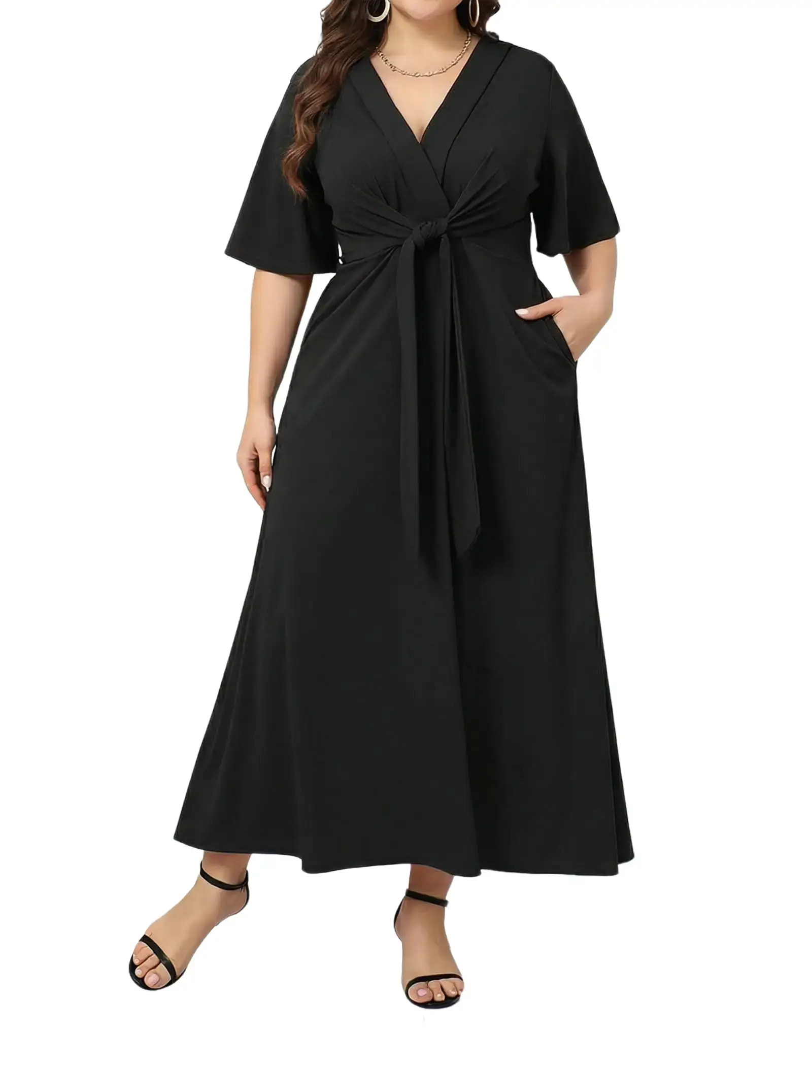 Ekaliy Women's Elegant Wedding Guest Dress Adjustable Tie Front V Neck Ruffle Sleeve A Line Formal Maxi Church Dresses