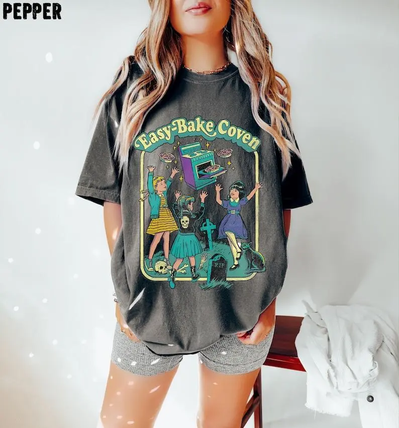 [Sale Up To 50%] Easy Bake Coven 90s Horror Movie Fan Oversized Vintage T Shirt, Plus Size Halloween Tee, Witchy Vibes Tee, Great Gift Option