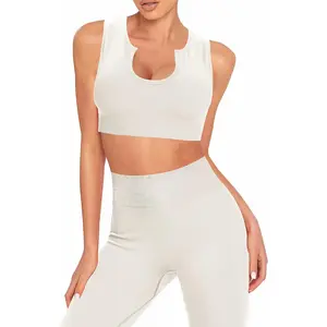 Seamless Workout Sets for Women 2 Piece Ribbed Gym Outfits Sports Bra and Legging Shorts Yoga Set (Beige, Small) PIMMI
