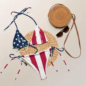 Distressed American Flag Bikini: Recycled String Swimsuit, UPF 50+