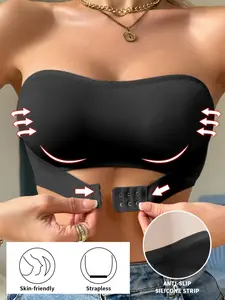 Solid Wireless Bandeau Bra, Front Buckle Strapless Seamless Smooth Bra, Women's Lingerie & Underwear, Casual Comfy Lingerie for All Seasons, Fit