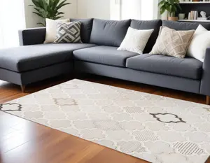 212 MAIN 8 x 11 ft. Rectangle Size Geometric Distressed Area Rug, Cream & Beige, Machine Weave, Polyester Fiber, Stain Proof, Modern