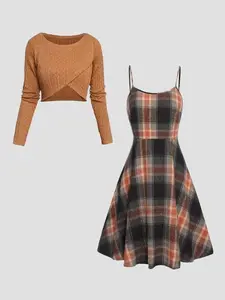 Women's Solid Wrap Hem Round Neck Textured Long Sleeve Crop Top & Plaid Print A-Line Dress Set, Preppy Fashion Cozy Skirt Set for Daily School Wear, Women's Clothing for Spring Fall