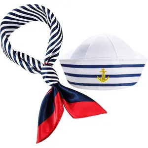 2Pcs Yacht Captain Hat Sailor Ship Cap Scarf Sailor Hat Boat Costume for Men Women Captains Dressing Up Party Captain Hat Costume Accessory Sailor Costume Accessories Sailor Hat and Scarf Yacht Captain Hat White and Blue Striped Outfit Cosplay