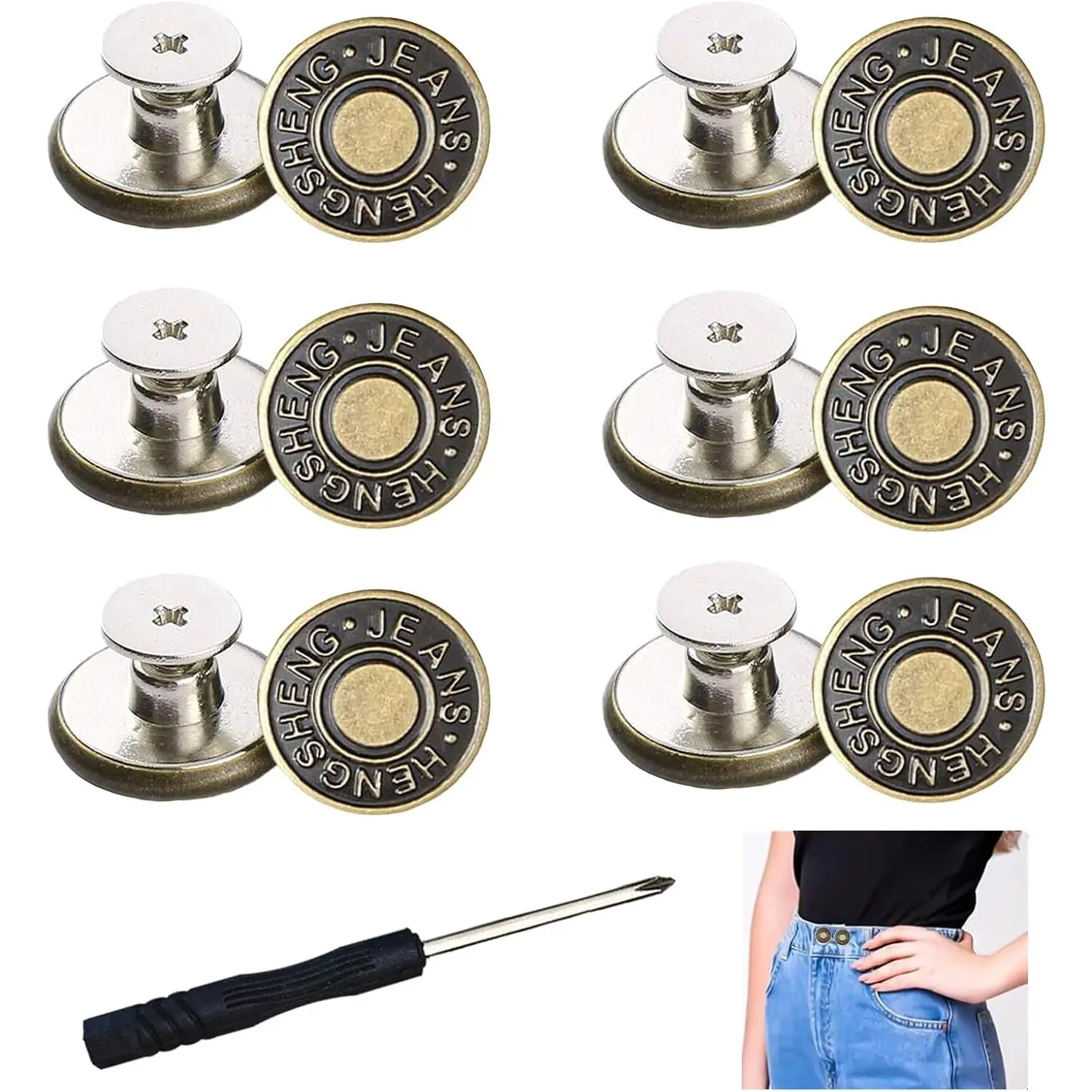 Buttons for Jeans, 17mm Jean Buttons for Loose Jeans, kit with Rivets and ,  Jean Buttons for Replacement and Adjustment - Set of 12.