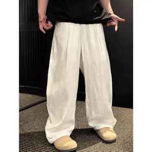 Men's Loose Straight Wide Leg Linen Drawstring Waist Casual Pants, Baggy Pants, Fall