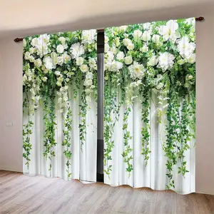 2-piece set of green wicker and white floral printed curtains, Window Curtain, made of semi transparent polyester fiber, with pole bag design, machine washable, suitable for bedroom, living room, dining room decoration
