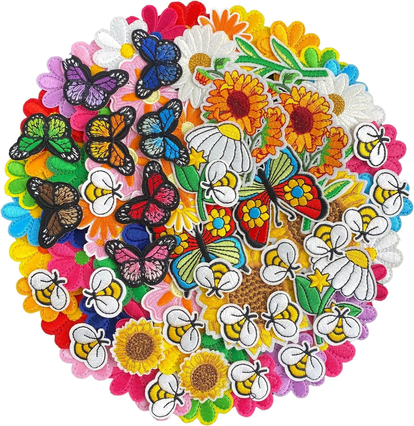 80Pcs Bulk Iron-On & Sew-On Cotton Embellished Patches - Bright Colors, Hippie Modern Embroidered Flowers Flower Bee Butterfly Designs, Hot Melt Adhesive for Clothing Hats