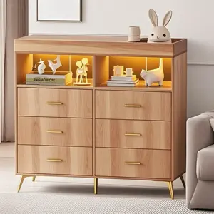 YJ-Dresser for Bedroom with LED Lights and Power Outlet, Baby Changing Table Dresser with 6 Drawers, 2 Open Storage Shelves, Diaper Changing Station with Storage Shelf for Nursery Modern