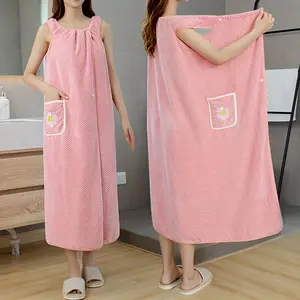 1Pc Flower Pattern Wearable Bath Towel, Solid Color Bath Skirt for Adults, Water-Absorbing Quick-Drying Bathrobe with Pocket, Long Bath Towel, Bathroom Supplies, Sauna Skirt Spa Sauna Wrap, Bathroom Accessories